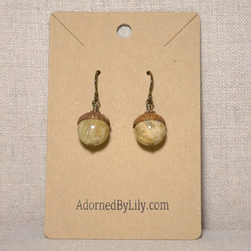 Hand Crafted Handmade Earrings Jasper & Copper Brown Acorn Earrings - Picture 2 of 4
